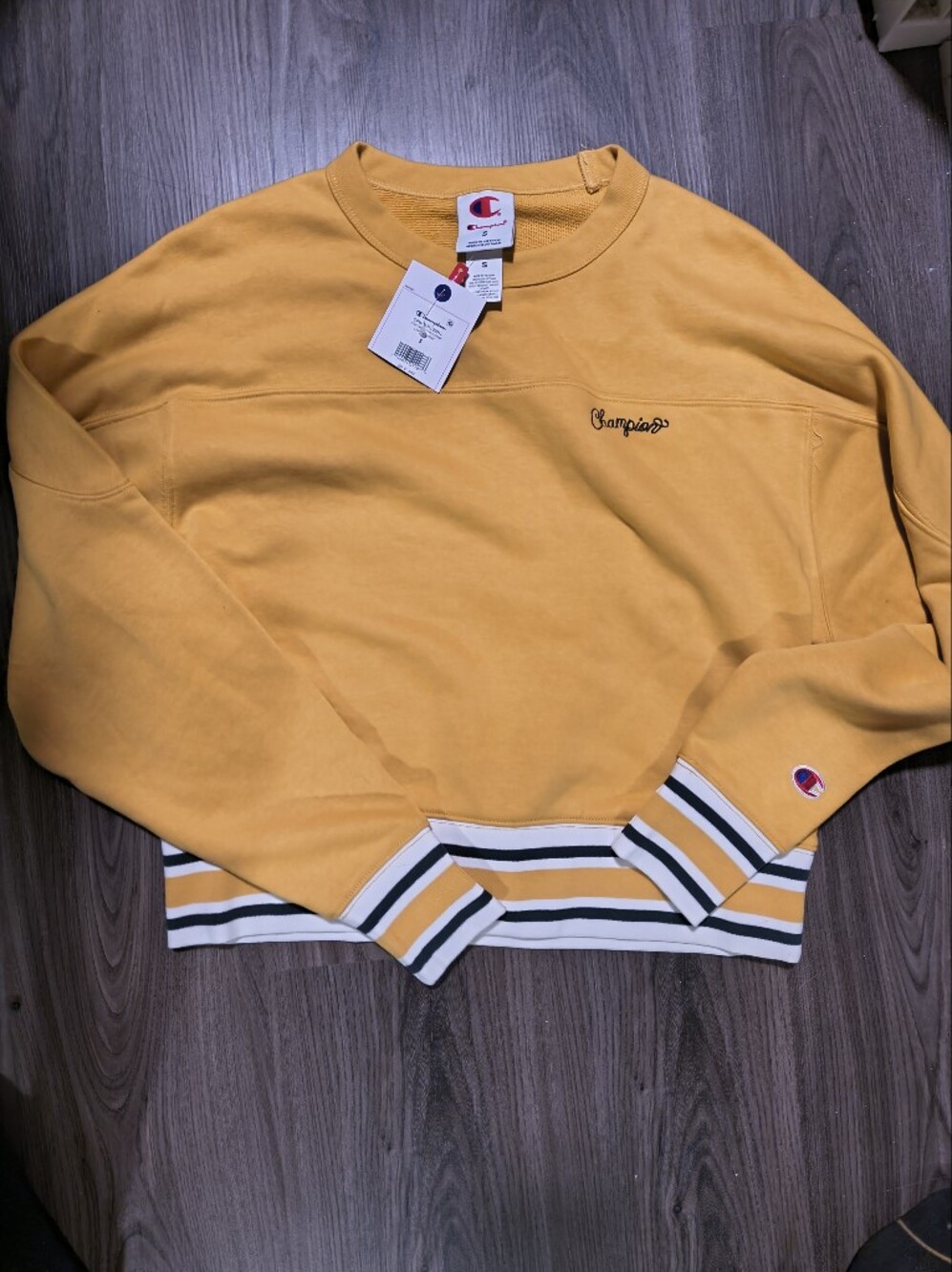 Champion Yellow Long Sleeve Crewneck with Striped Rib Trim